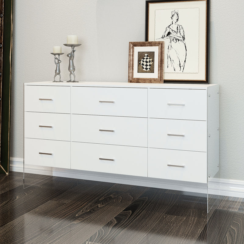 Minimalist White Storage Cabinet with Modern Acrylic Legs and Spacious Drawers
