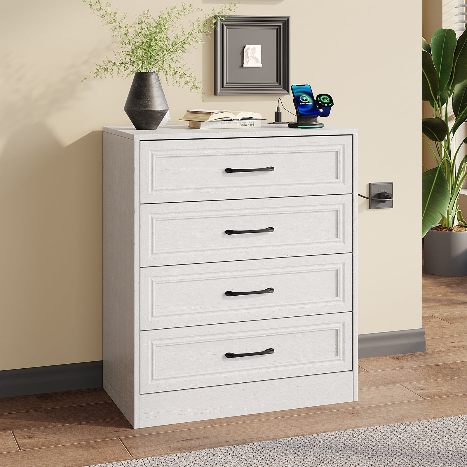Modern Farmhouse White Dresser – 4 Drawer Bedroom Organizer with Clean Finish