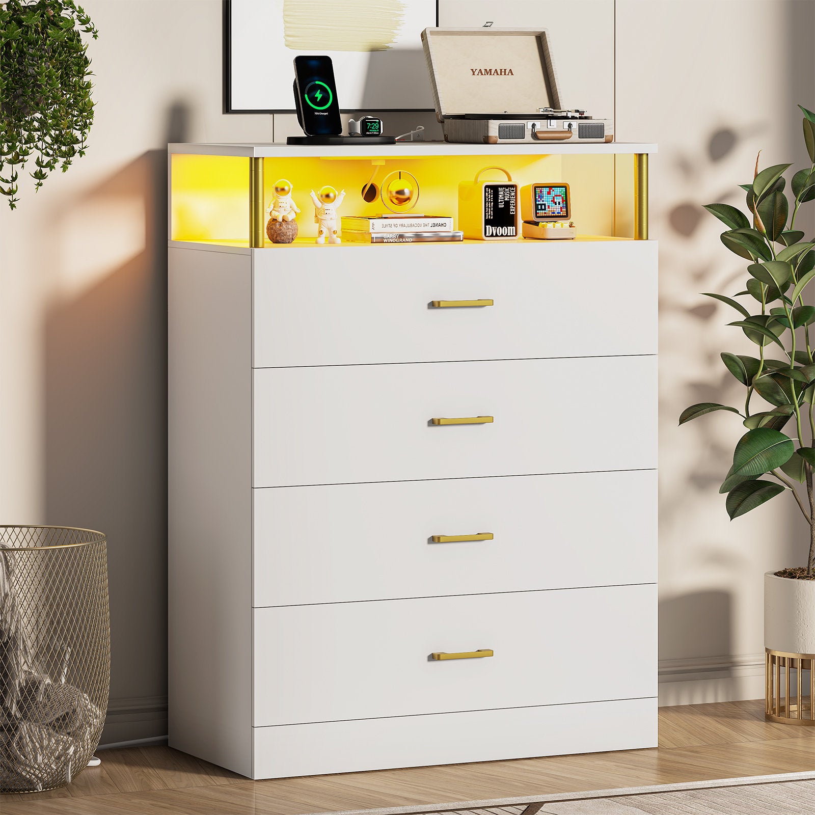 LED Storage Chest with Open Display Shelf, Bedroom Dresser Cabinet