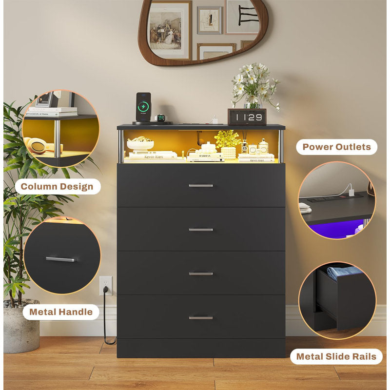 LED Storage Chest with Open Display Shelf, Bedroom Dresser Cabinet