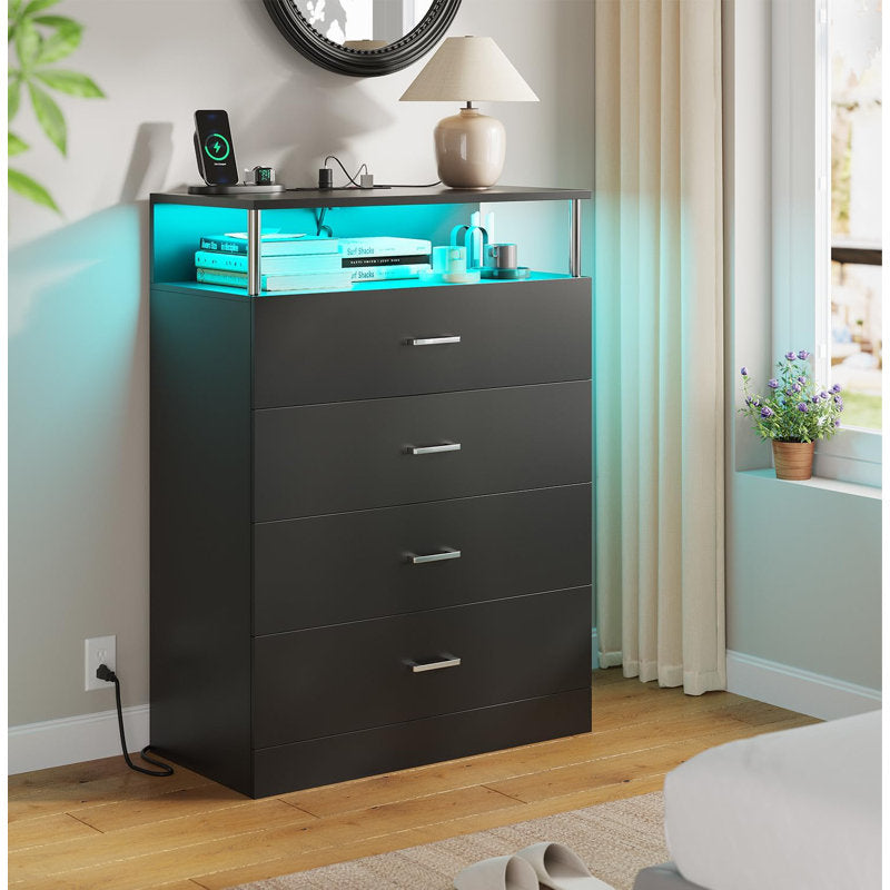 LED Storage Chest with Open Display Shelf, Bedroom Dresser Cabinet