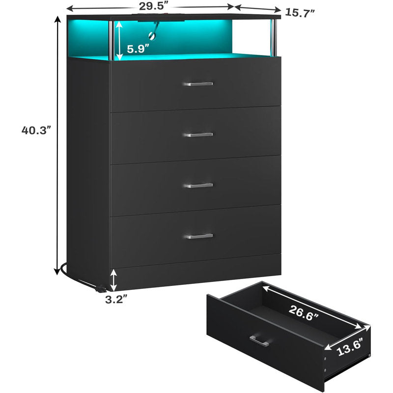 LED Storage Chest with Open Display Shelf, Bedroom Dresser Cabinet