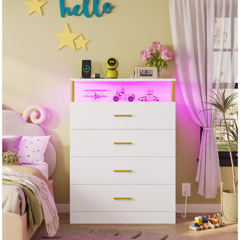 LED Storage Chest with Open Display Shelf, Bedroom Dresser Cabinet