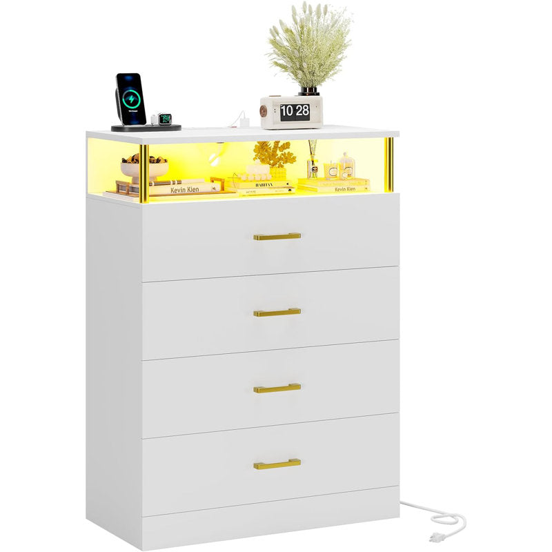 LED Storage Chest with Open Display Shelf, Bedroom Dresser Cabinet
