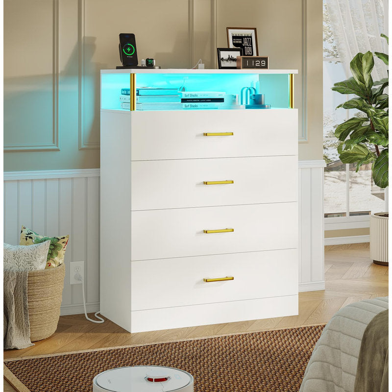 LED Storage Chest with Open Display Shelf, Bedroom Dresser Cabinet