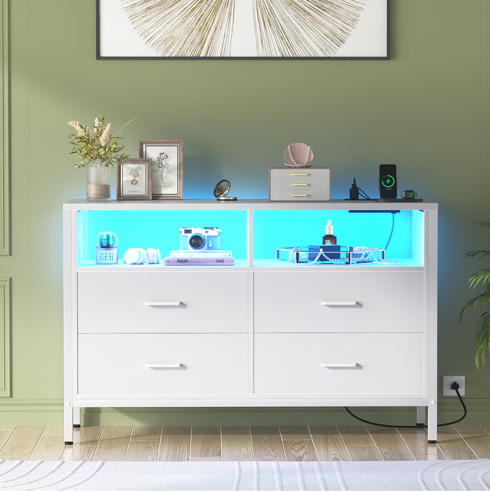Modern LED Dresser with Open Display Shelf and 4 Storage Drawers