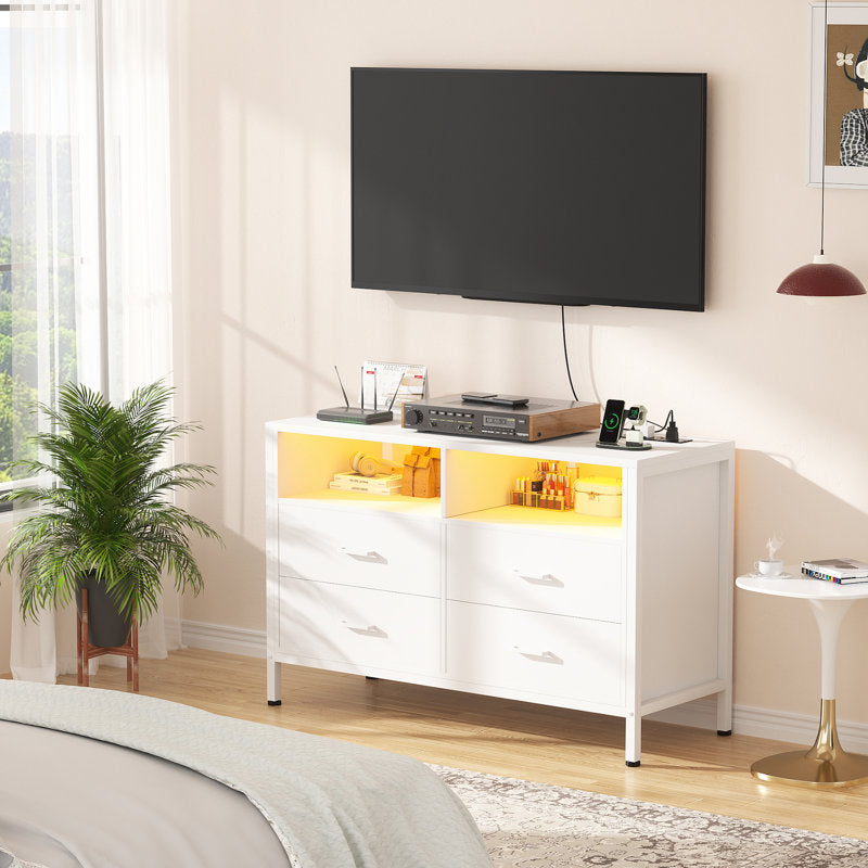 Modern LED Dresser with Open Display Shelf and 4 Storage Drawers