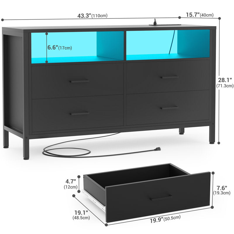 Modern LED Dresser with Open Display Shelf and 4 Storage Drawers