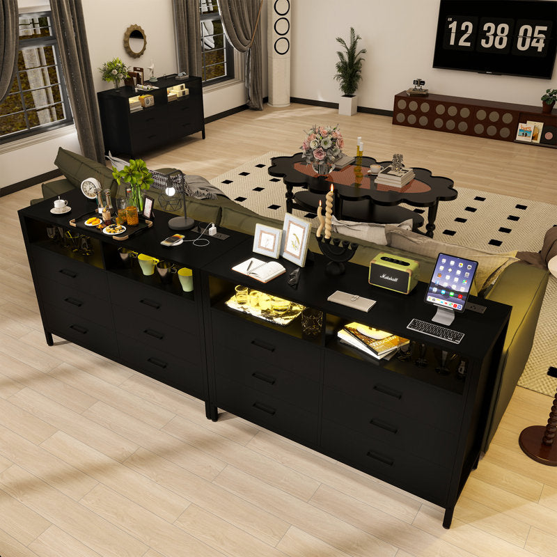 Modern LED Dresser with Open Display Shelf and 4 Storage Drawers