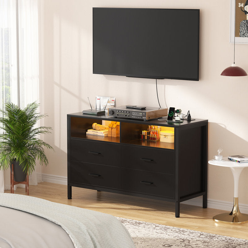 Modern LED Dresser with Open Display Shelf and 4 Storage Drawers
