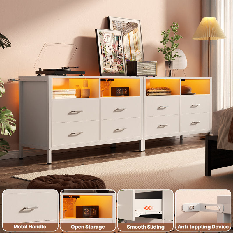 Modern LED Dresser with Open Display Shelf and 4 Storage Drawers