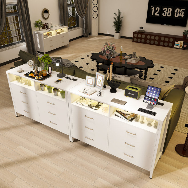 Modern LED Dresser with Open Display Shelf and 4 Storage Drawers