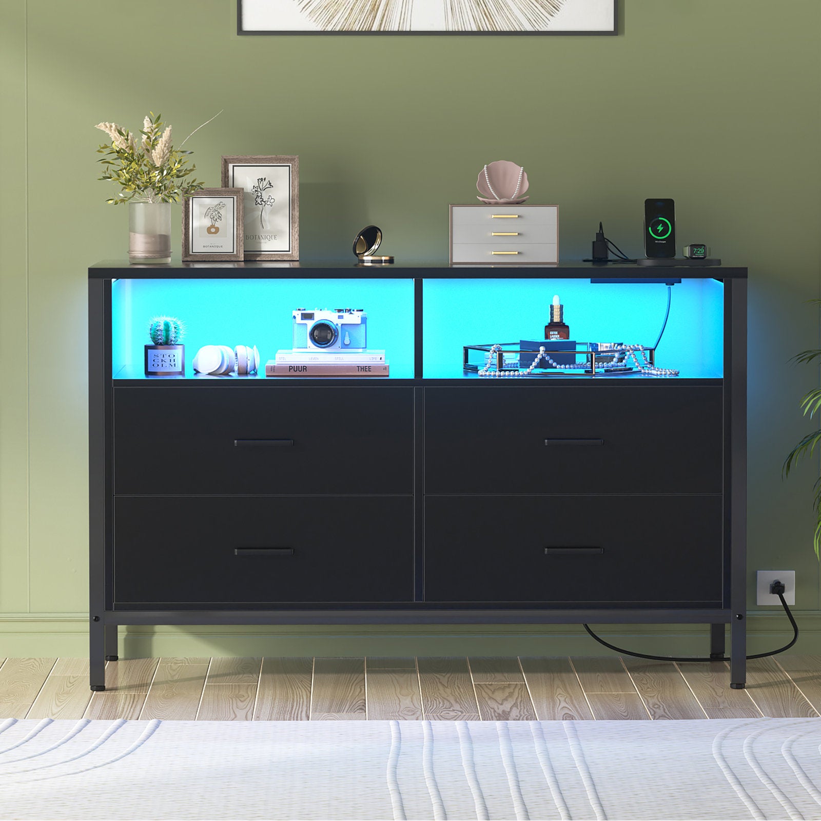 Modern LED Dresser with Open Display Shelf and 4 Storage Drawers