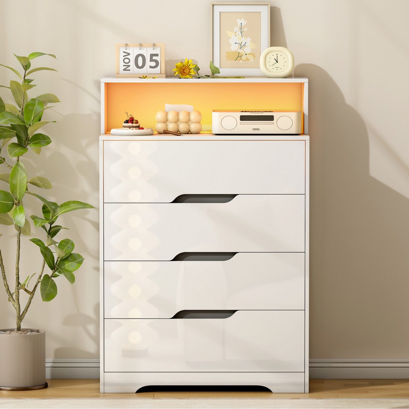 Modern LED Dresser with Display Shelf, Handleless Drawers, and Large Storage Capacity