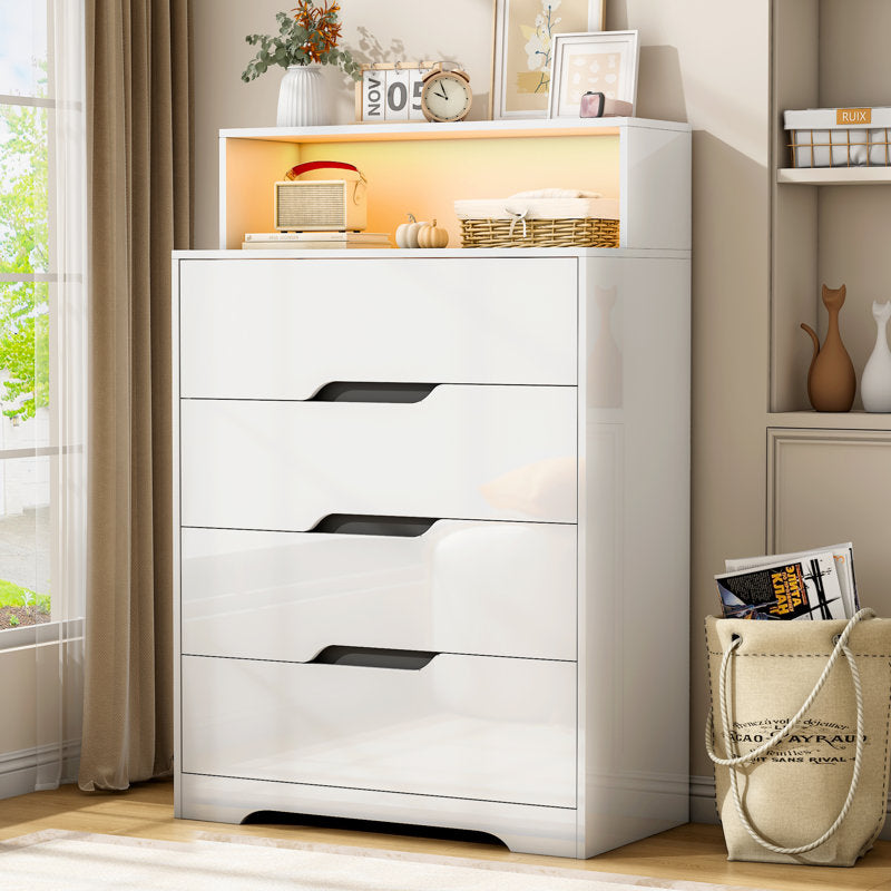 Modern LED Dresser with Display Shelf, Handleless Drawers, and Large Storage Capacity