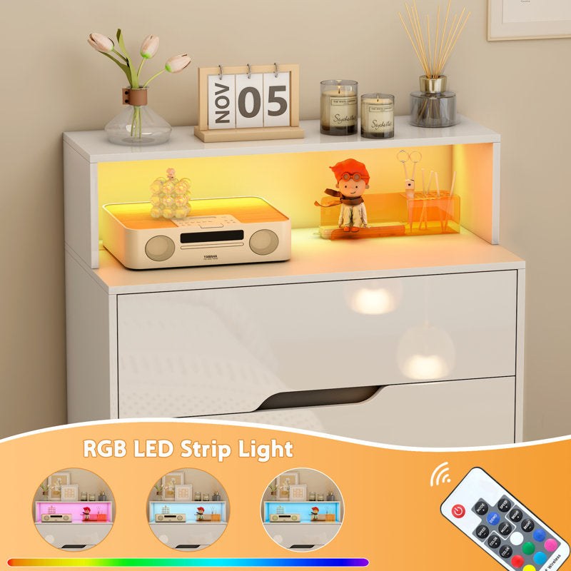 Modern LED Dresser with Display Shelf, Handleless Drawers, and Large Storage Capacity