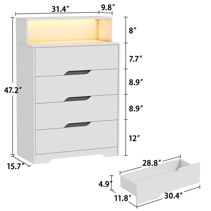 Modern LED Dresser with Display Shelf, Handleless Drawers, and Large Storage Capacity