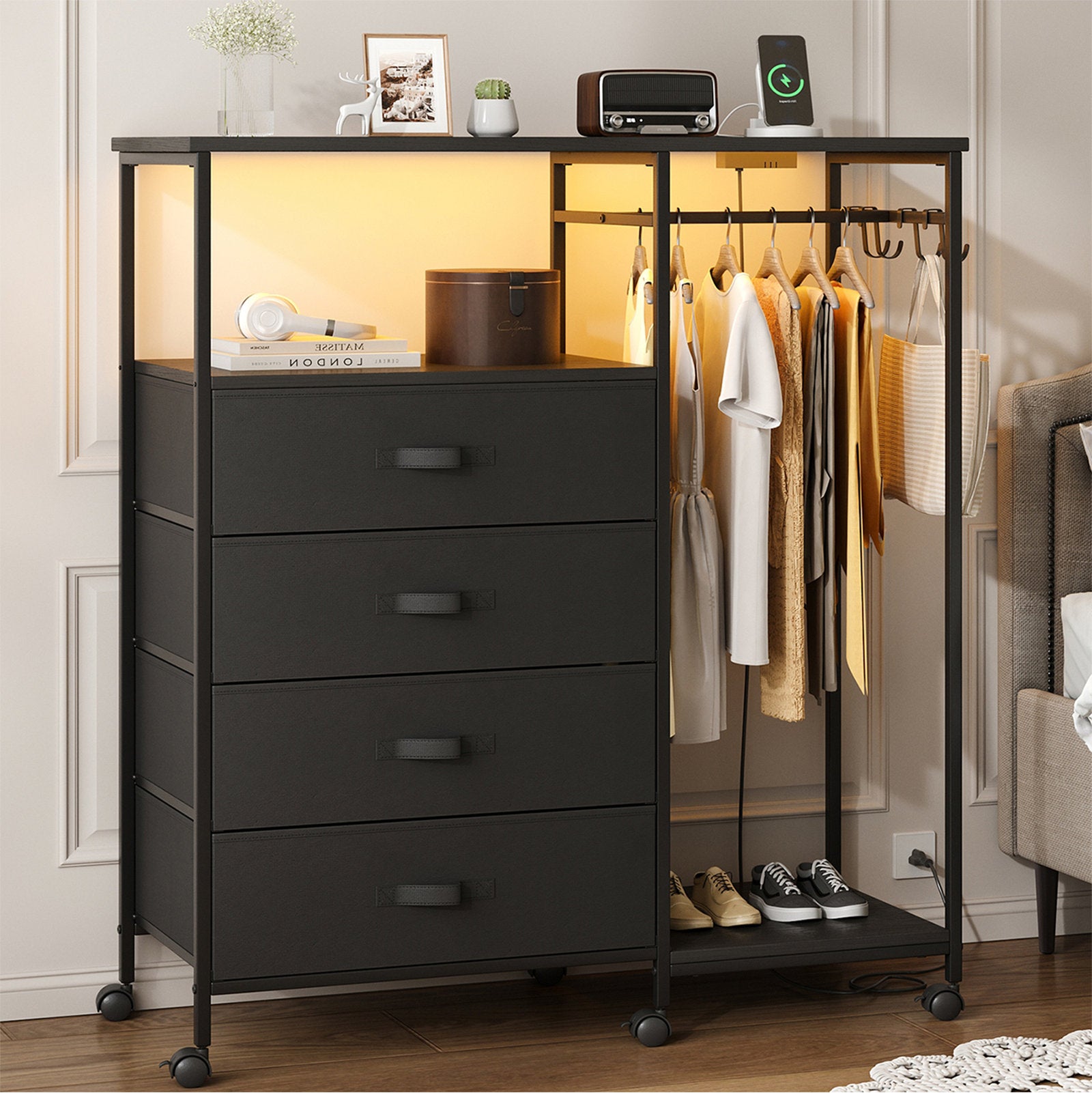 Multifunctional Wardrobe Dresser with Fabric Drawers, Clothes Rack, and Wheels