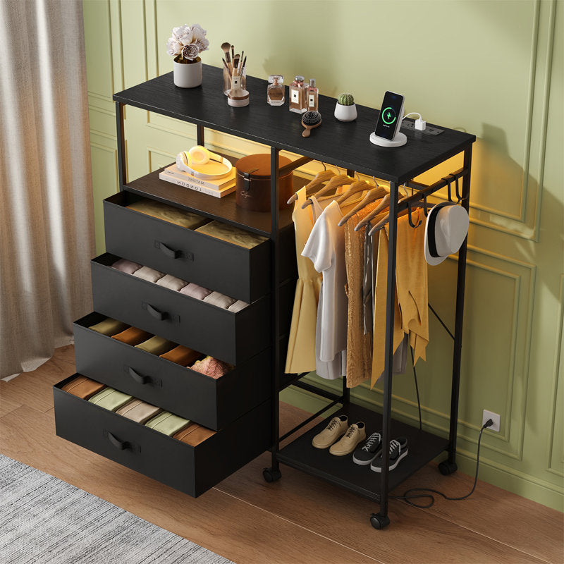 Multifunctional Wardrobe Dresser with Fabric Drawers, Clothes Rack, and Wheels