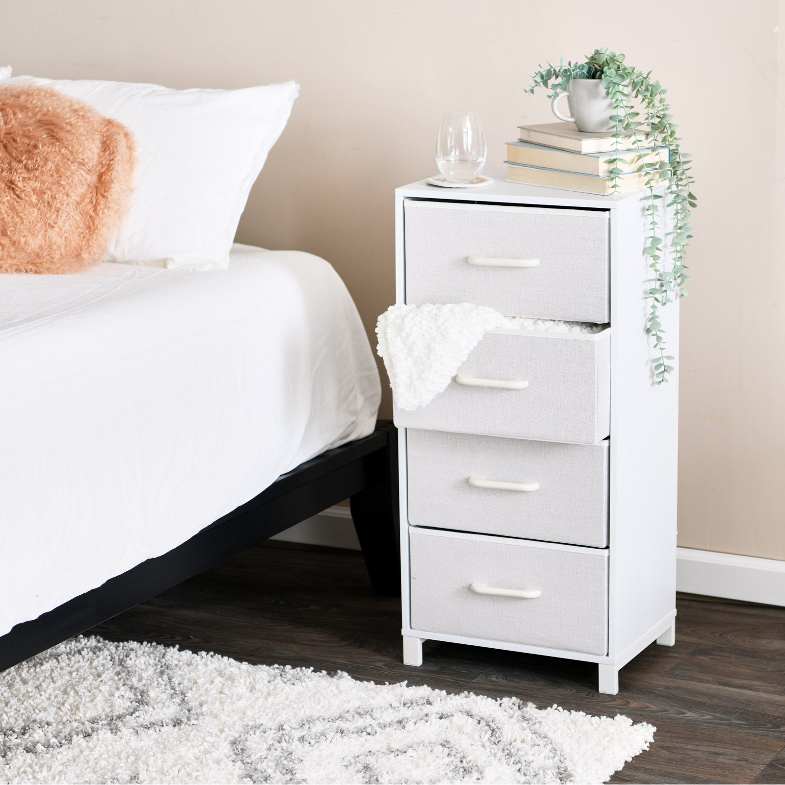 Slim White 4 Drawer Fabric Dresser, Narrow Storage Tower for Bedroom, Closet, or Small Spaces