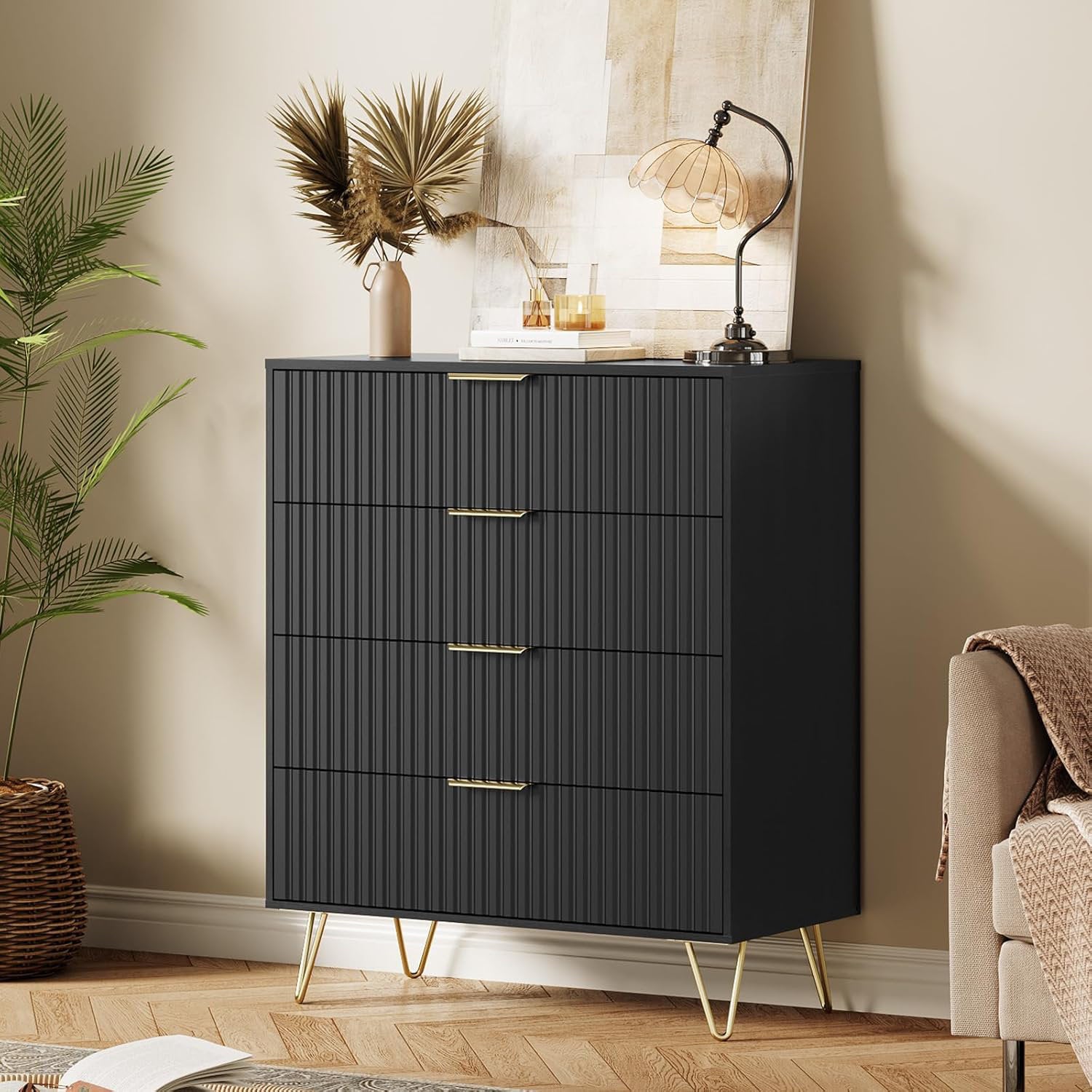 Modern Fluted Drawer Chest, 4 Drawer Bedroom Storage Cabinet with Gold Hardware and Elevated Legs