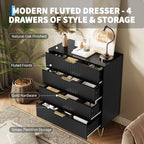 Modern Fluted Drawer Chest, 4 Drawer Bedroom Storage Cabinet with Gold Hardware and Elevated Legs