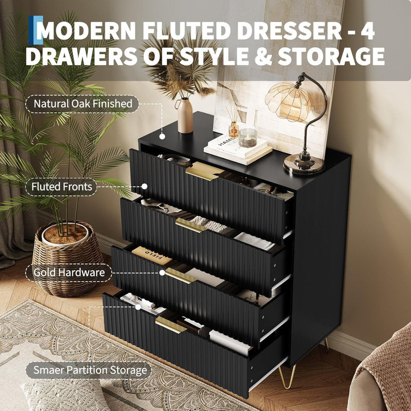 Modern Fluted Drawer Chest, 4 Drawer Bedroom Storage Cabinet with Gold Hardware and Elevated Legs