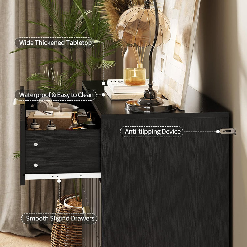 Modern Fluted Drawer Chest, 4 Drawer Bedroom Storage Cabinet with Gold Hardware and Elevated Legs