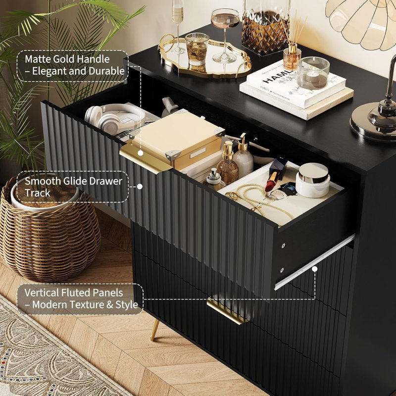 Modern Fluted Drawer Chest, 4 Drawer Bedroom Storage Cabinet with Gold Hardware and Elevated Legs
