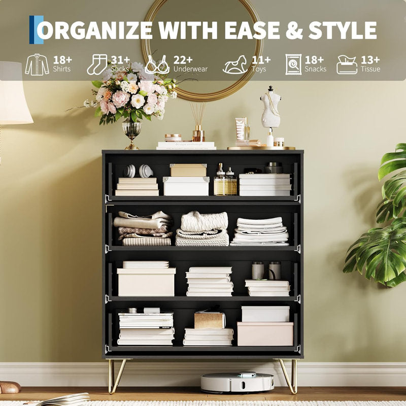 Modern Fluted Drawer Chest, 4 Drawer Bedroom Storage Cabinet with Gold Hardware and Elevated Legs