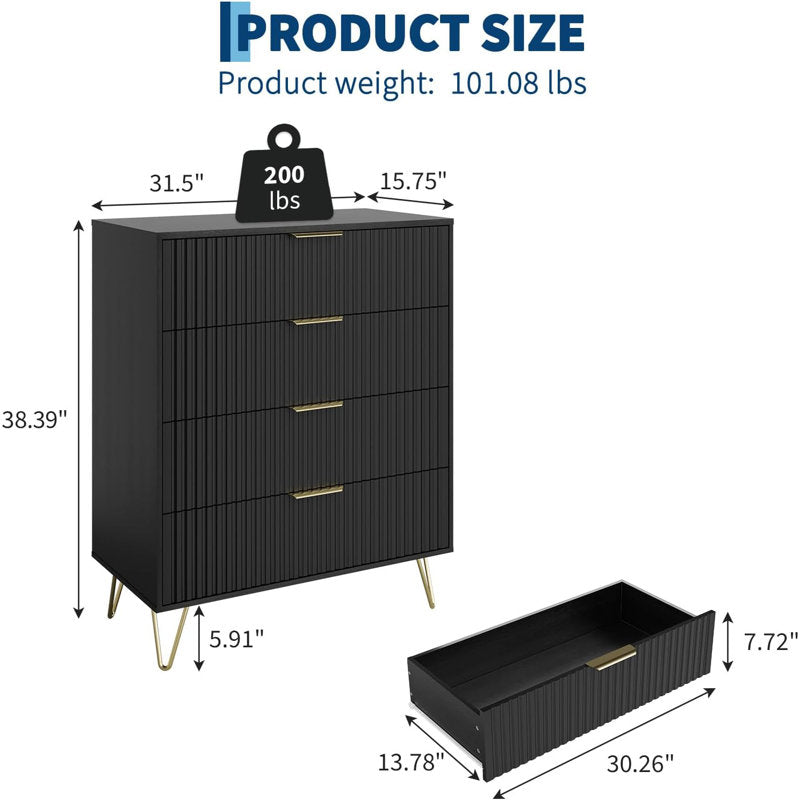 Modern Fluted Drawer Chest, 4 Drawer Bedroom Storage Cabinet with Gold Hardware and Elevated Legs