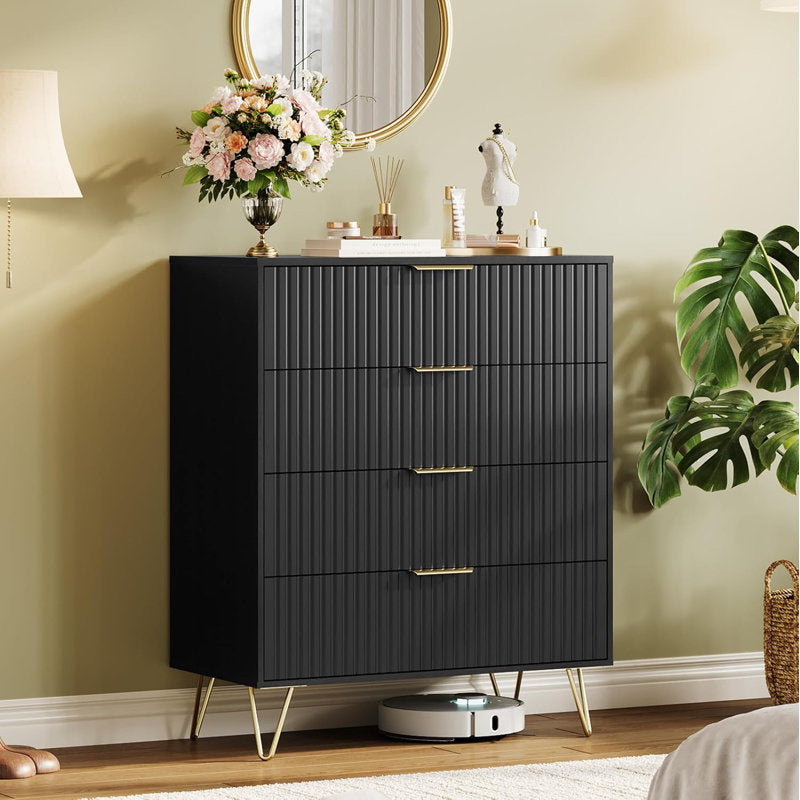 Modern Fluted Drawer Chest, 4 Drawer Bedroom Storage Cabinet with Gold Hardware and Elevated Legs
