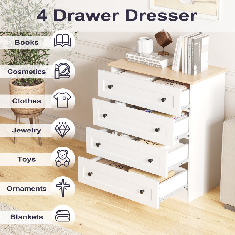 Modern 4 Drawer Dresser with Natural Wood Top, Black Knobs, Bedroom Storage Chest Organizer