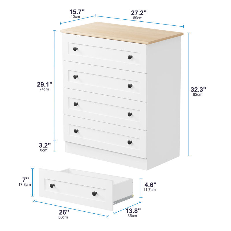 Modern 4 Drawer Dresser with Natural Wood Top, Black Knobs, Bedroom Storage Chest Organizer