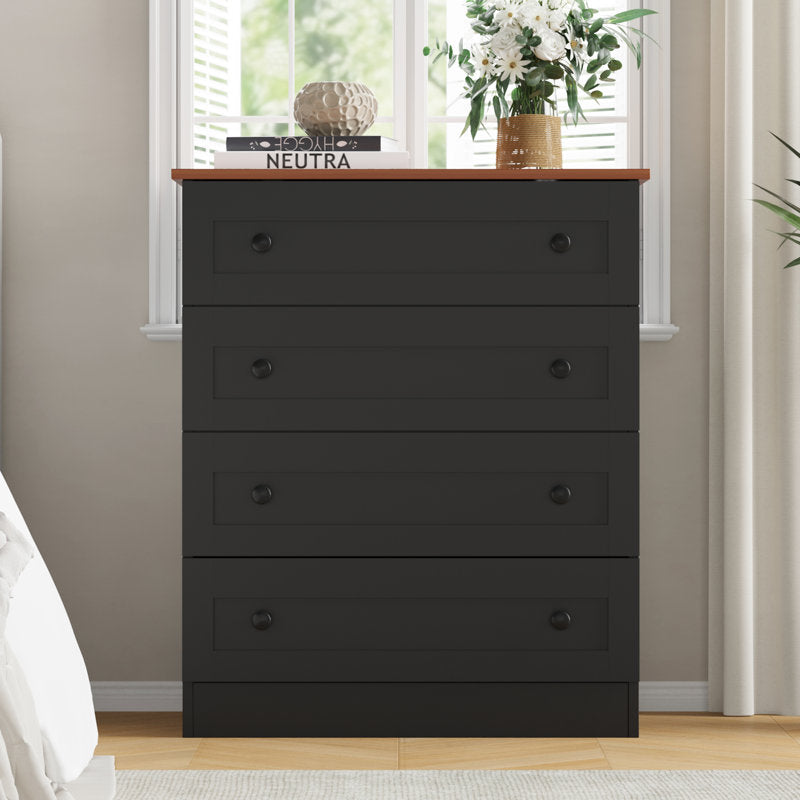 Modern 4 Drawer Dresser with Natural Wood Top, Black Knobs, Bedroom Storage Chest Organizer