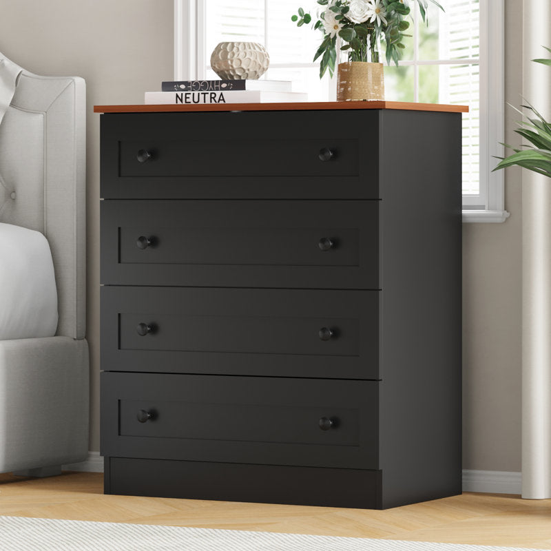 Modern 4 Drawer Dresser with Natural Wood Top, Black Knobs, Bedroom Storage Chest Organizer