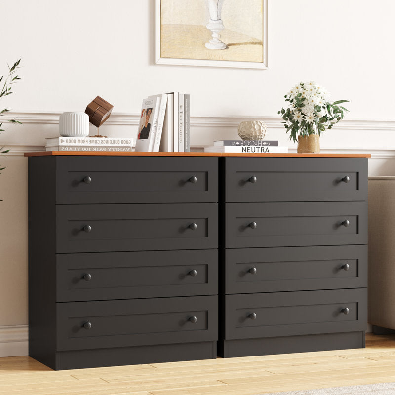 Modern 4 Drawer Dresser with Natural Wood Top, Black Knobs, Bedroom Storage Chest Organizer