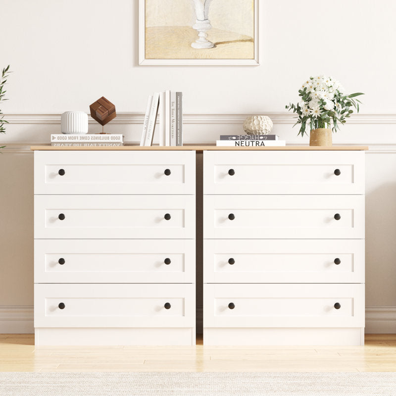 Modern 4 Drawer Dresser with Natural Wood Top, Black Knobs, Bedroom Storage Chest Organizer