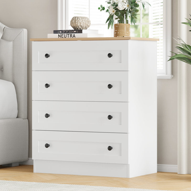 Modern 4 Drawer Dresser with Natural Wood Top, Black Knobs, Bedroom Storage Chest Organizer