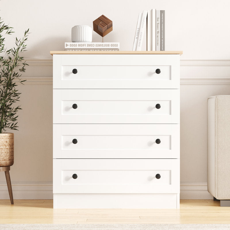 Modern 4 Drawer Dresser with Natural Wood Top, Black Knobs, Bedroom Storage Chest Organizer