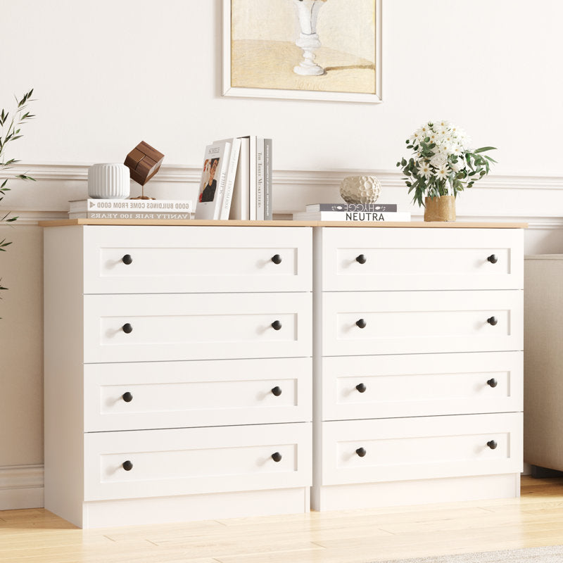 Modern 4 Drawer Dresser with Natural Wood Top, Black Knobs, Bedroom Storage Chest Organizer