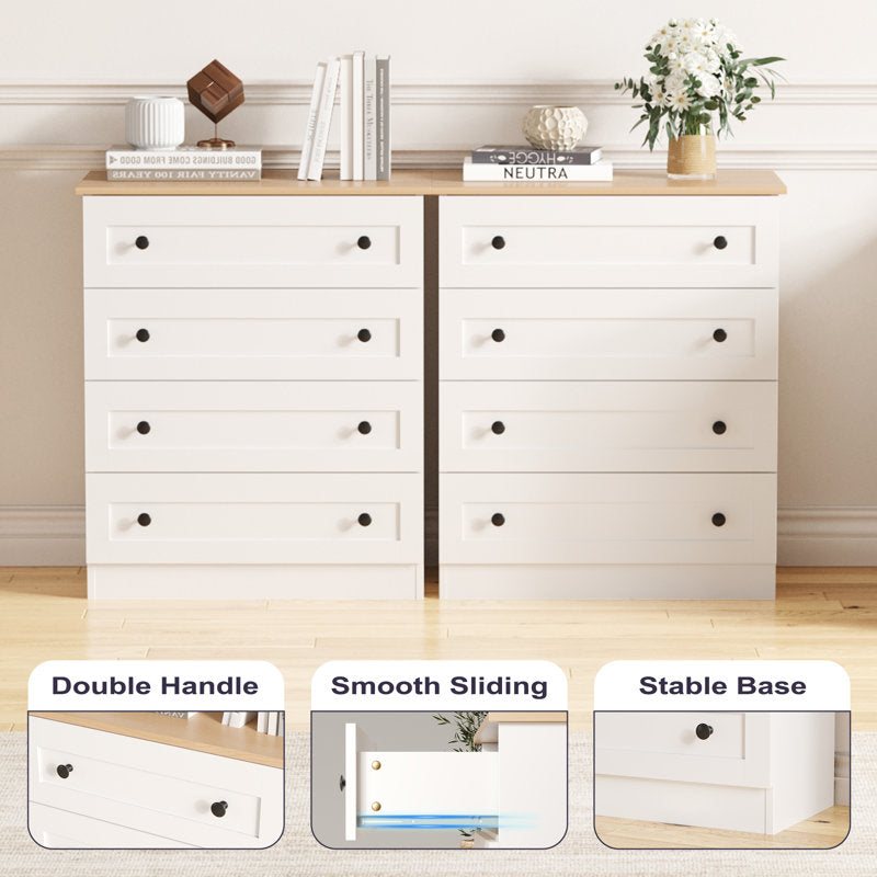 Modern 4 Drawer Dresser with Natural Wood Top, Black Knobs, Bedroom Storage Chest Organizer