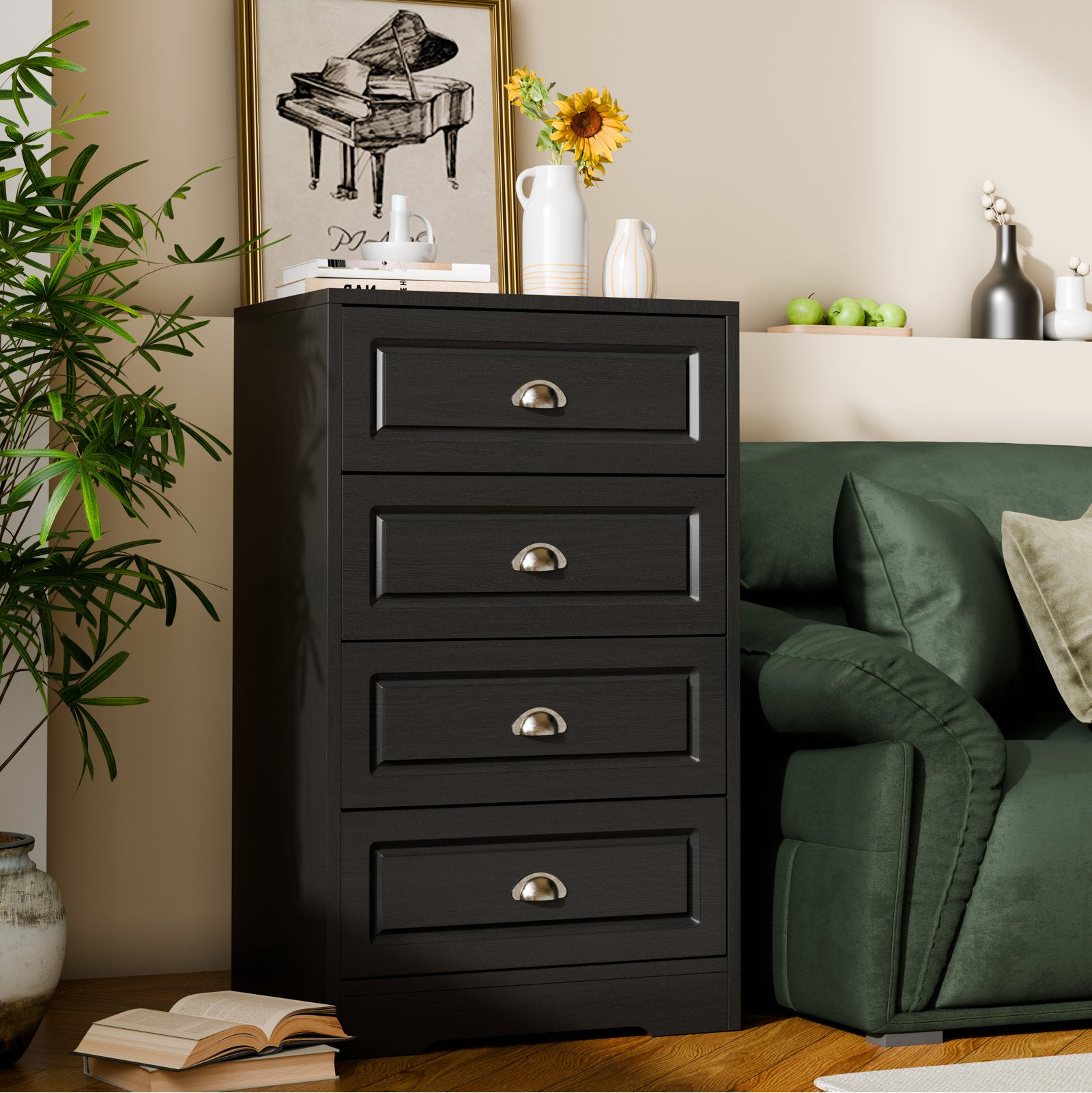Classic Black Chest of Drawers, 4 Drawer Storage Cabinet with Brushed Nickel Cup Pulls for Bedroom