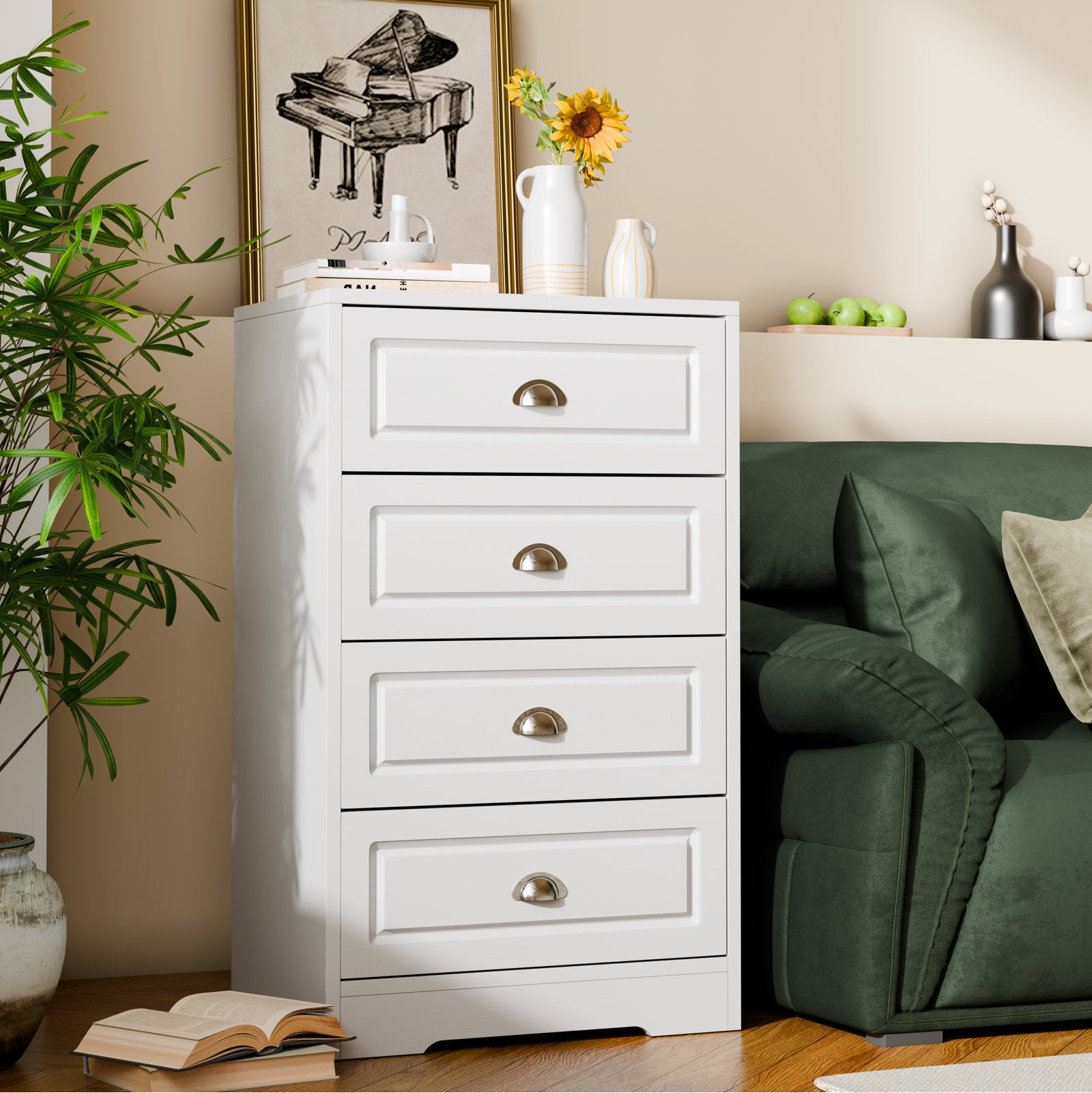 Classic Black Chest of Drawers, 4 Drawer Storage Cabinet with Brushed Nickel Cup Pulls for Bedroom