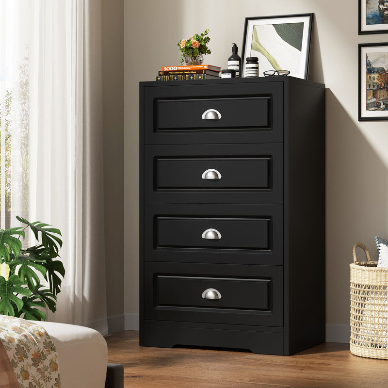 Classic Black Chest of Drawers, 4 Drawer Storage Cabinet with Brushed Nickel Cup Pulls for Bedroom