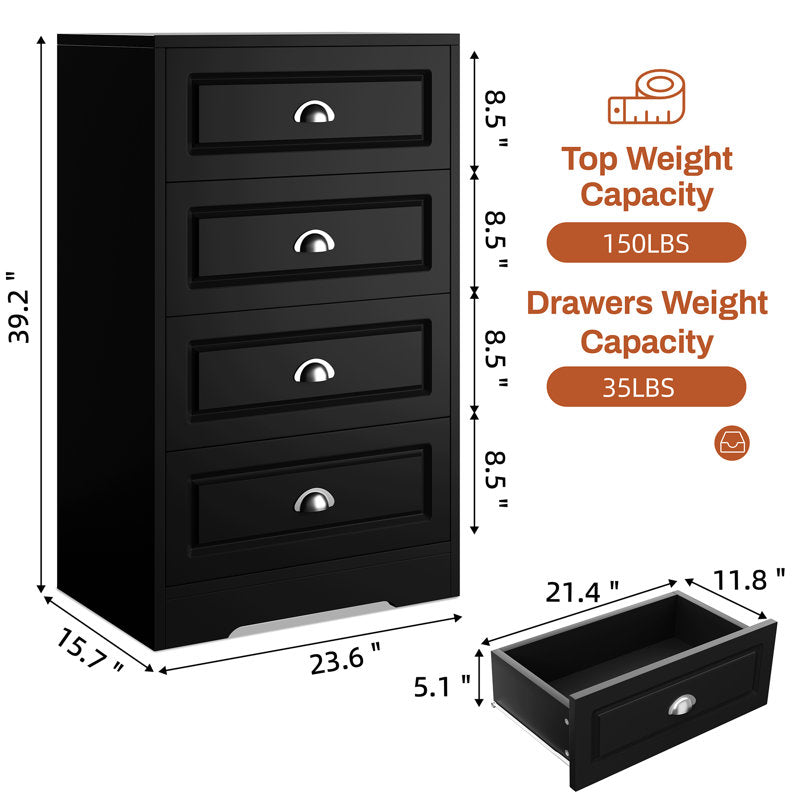 Classic Black Chest of Drawers, 4 Drawer Storage Cabinet with Brushed Nickel Cup Pulls for Bedroom