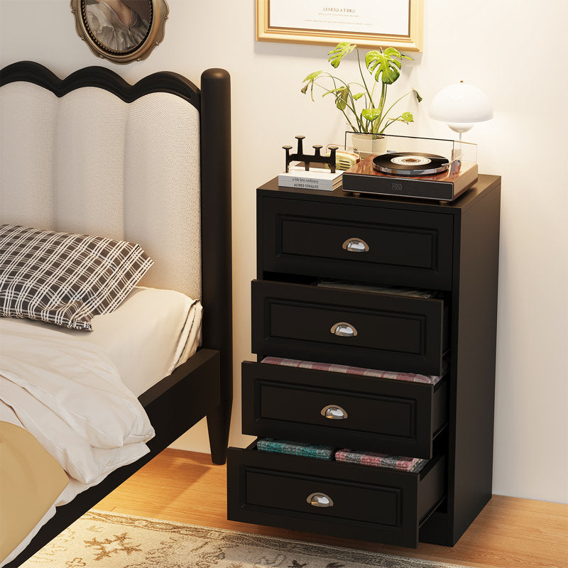Classic Black Chest of Drawers, 4 Drawer Storage Cabinet with Brushed Nickel Cup Pulls for Bedroom