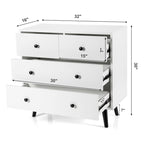 Mid-Century Modern White 6 Drawer Dresser with Black Legs, Wooden Bedroom Storage Chest