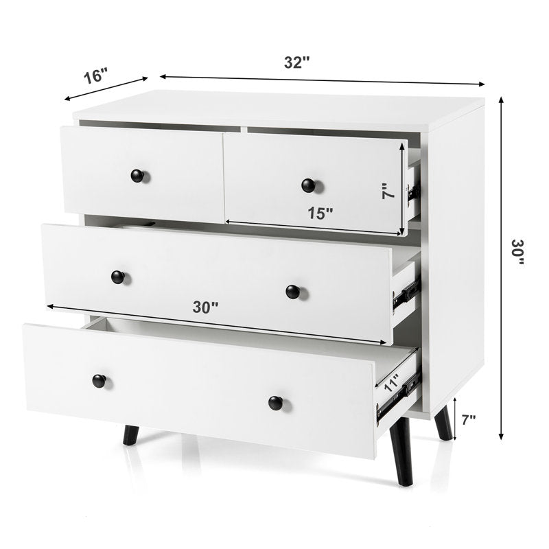 Mid-Century Modern White 6 Drawer Dresser with Black Legs, Wooden Bedroom Storage Chest
