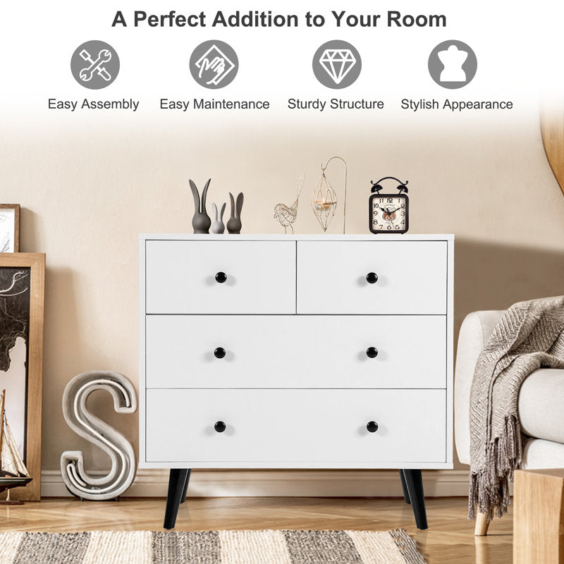 Mid-Century Modern White 6 Drawer Dresser with Black Legs, Wooden Bedroom Storage Chest